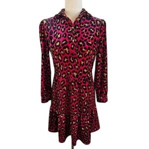 Jude Connally Pink Leopard Velvet Print‎ Long Sleeve Tiered Mini Dress Size XS